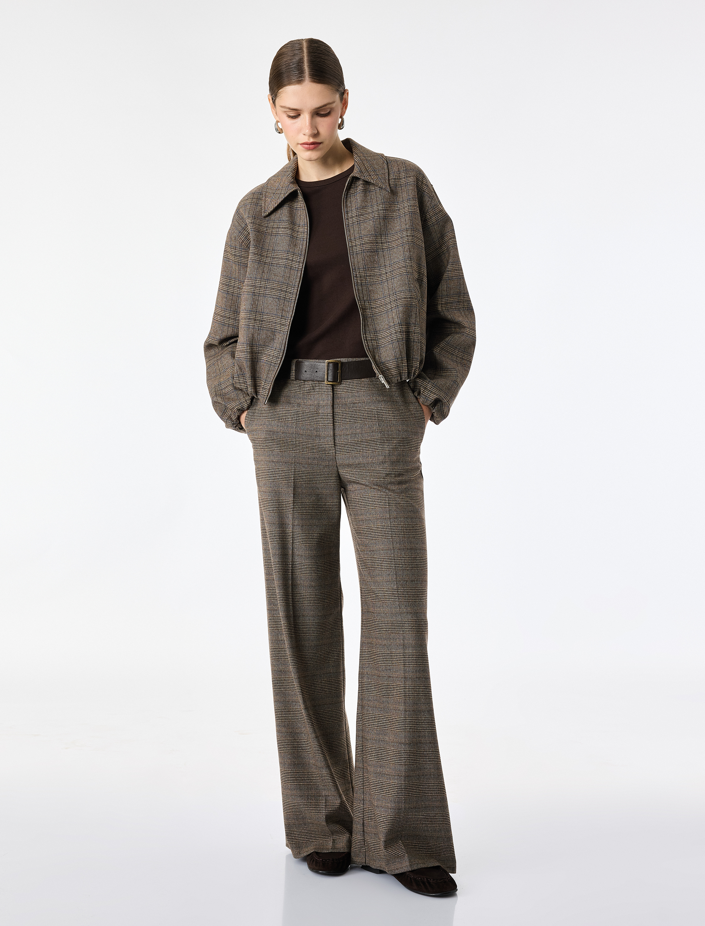   Fermuarlı Ekose Oversize Bomber Ceket