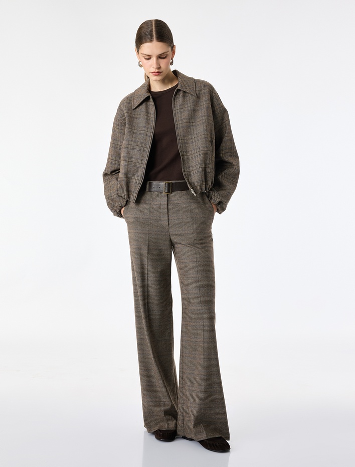  Fermuarlı Ekose Oversize Bomber Ceket