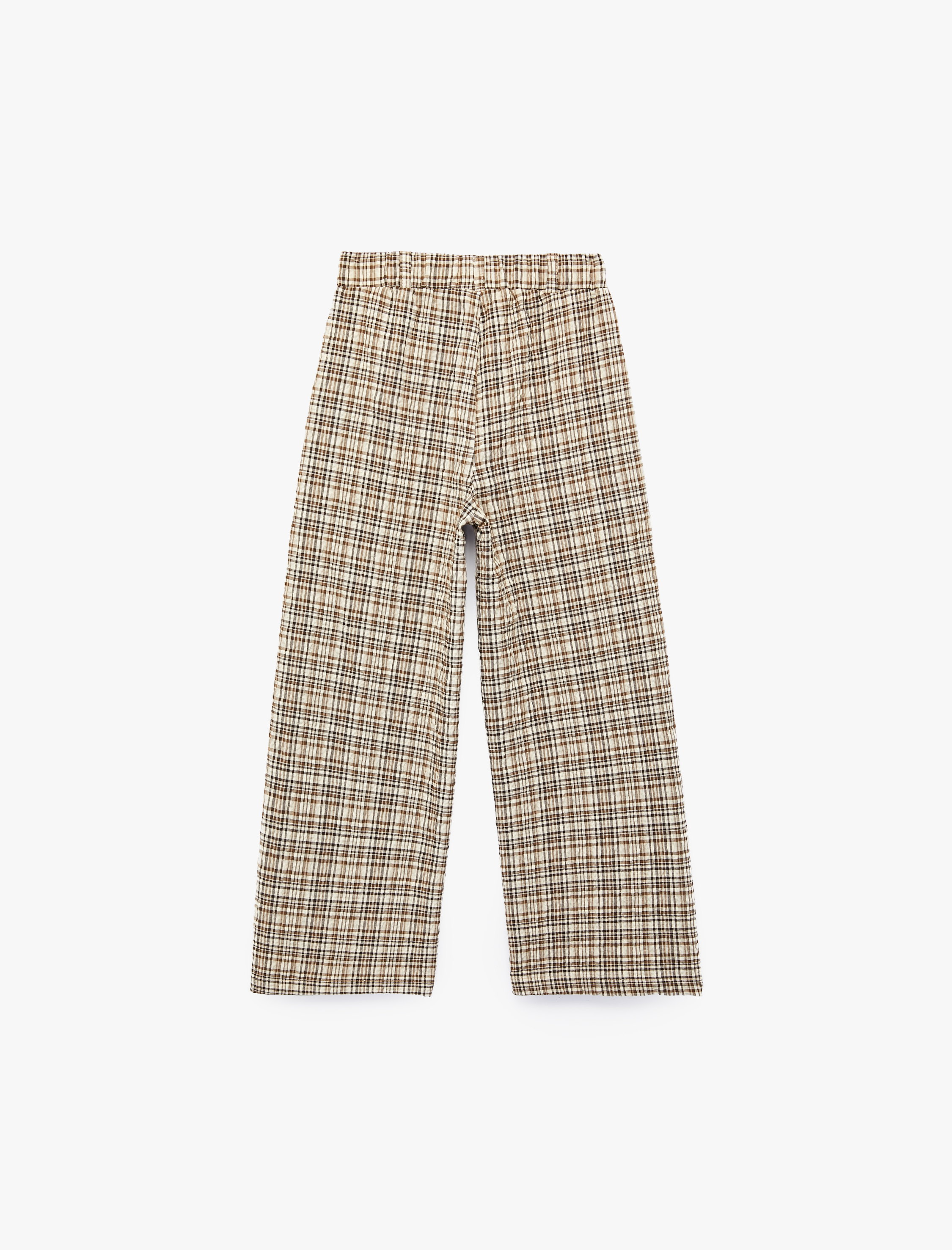  Kız Çocuk Yüksek Bel Beli Lastikli Ekoseli Geniş Paça Pantolon