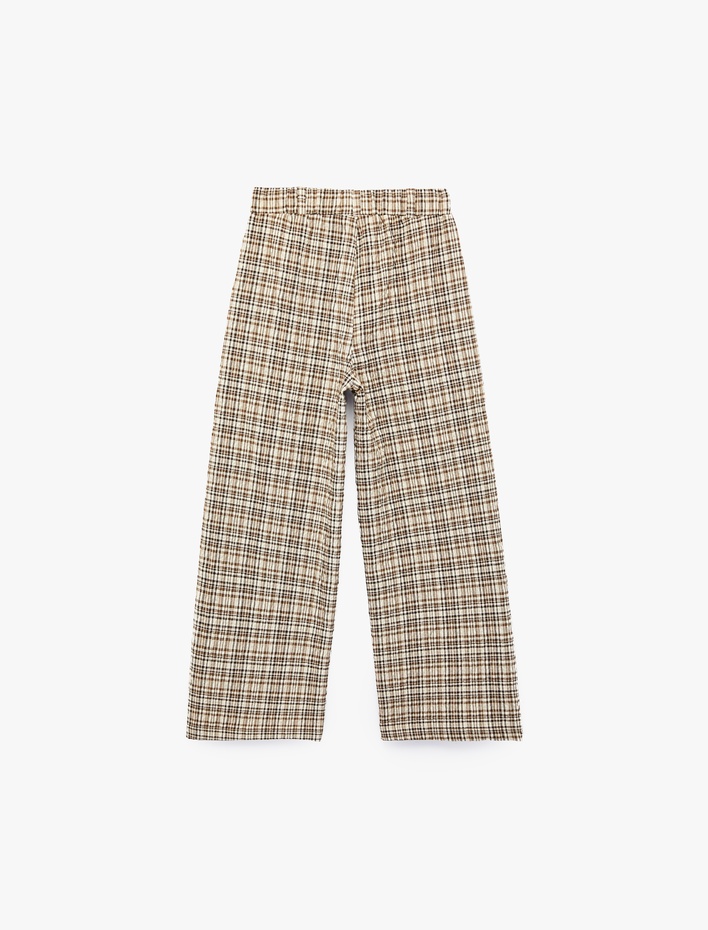 Kız Çocuk Yüksek Bel Beli Lastikli Ekoseli Geniş Paça Pantolon
