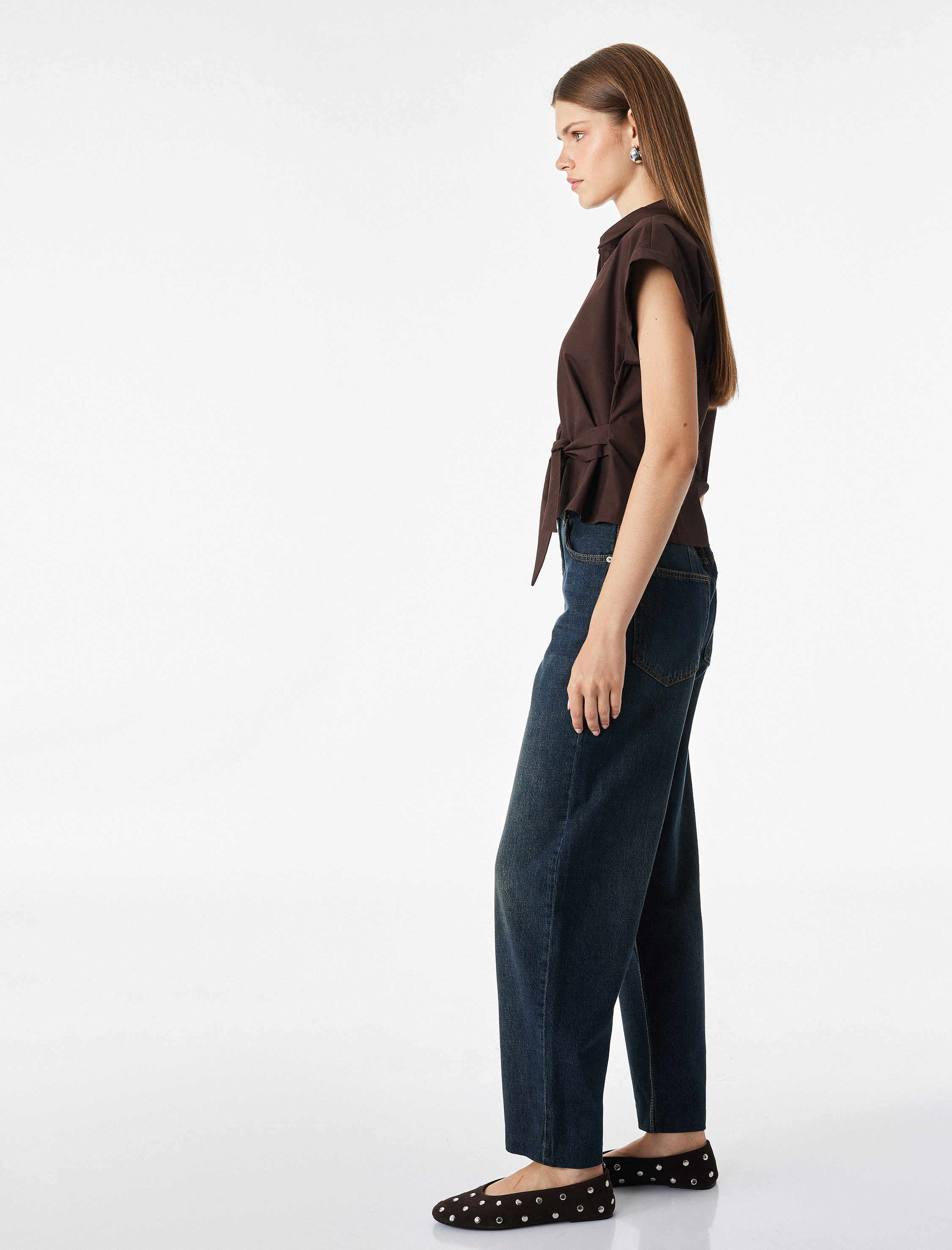   Slim Fit Kısa Kollu Pamuklu Asimetrik Bağlama Detaylı Poplin Gömlek