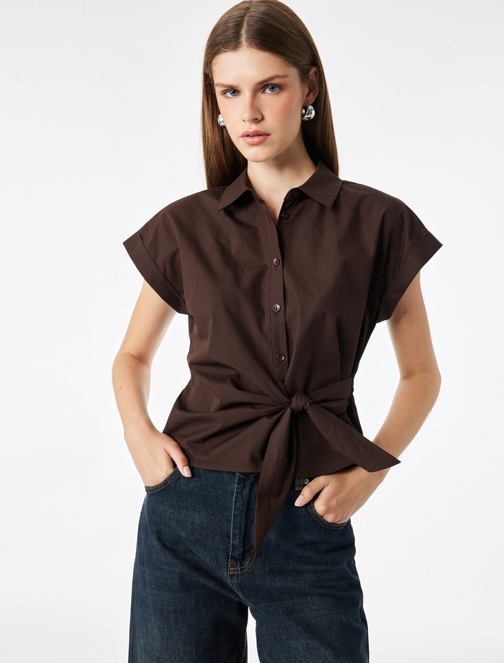  Slim Fit Kısa Kollu Pamuklu Asimetrik Bağlama Detaylı Poplin Gömlek