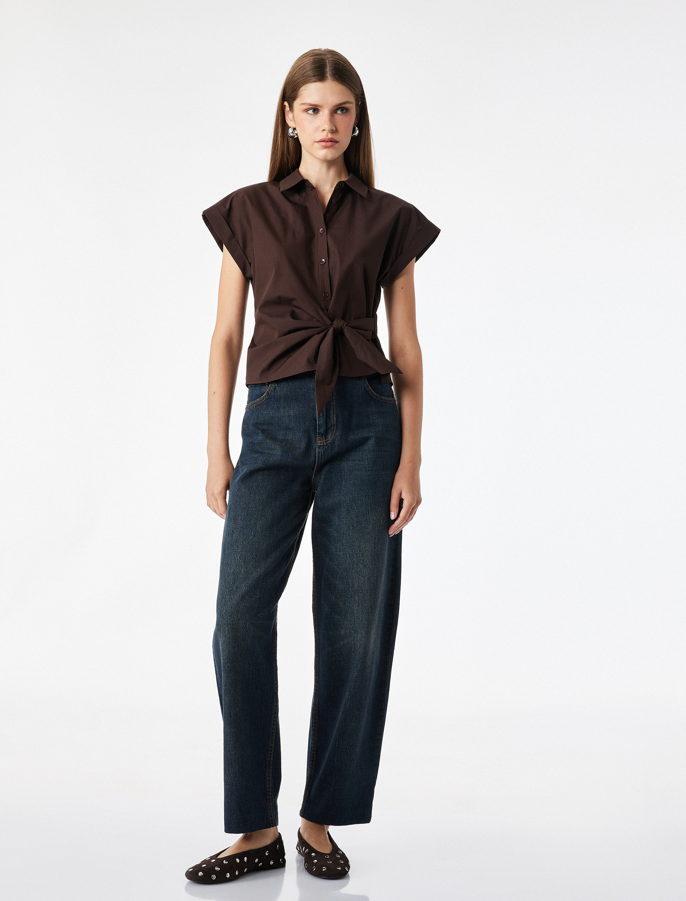   Slim Fit Kısa Kollu Pamuklu Asimetrik Bağlama Detaylı Poplin Gömlek