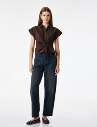 Slim Fit Kısa Kollu Pamuklu Asimetrik Bağlama Detaylı Poplin Gömlek
