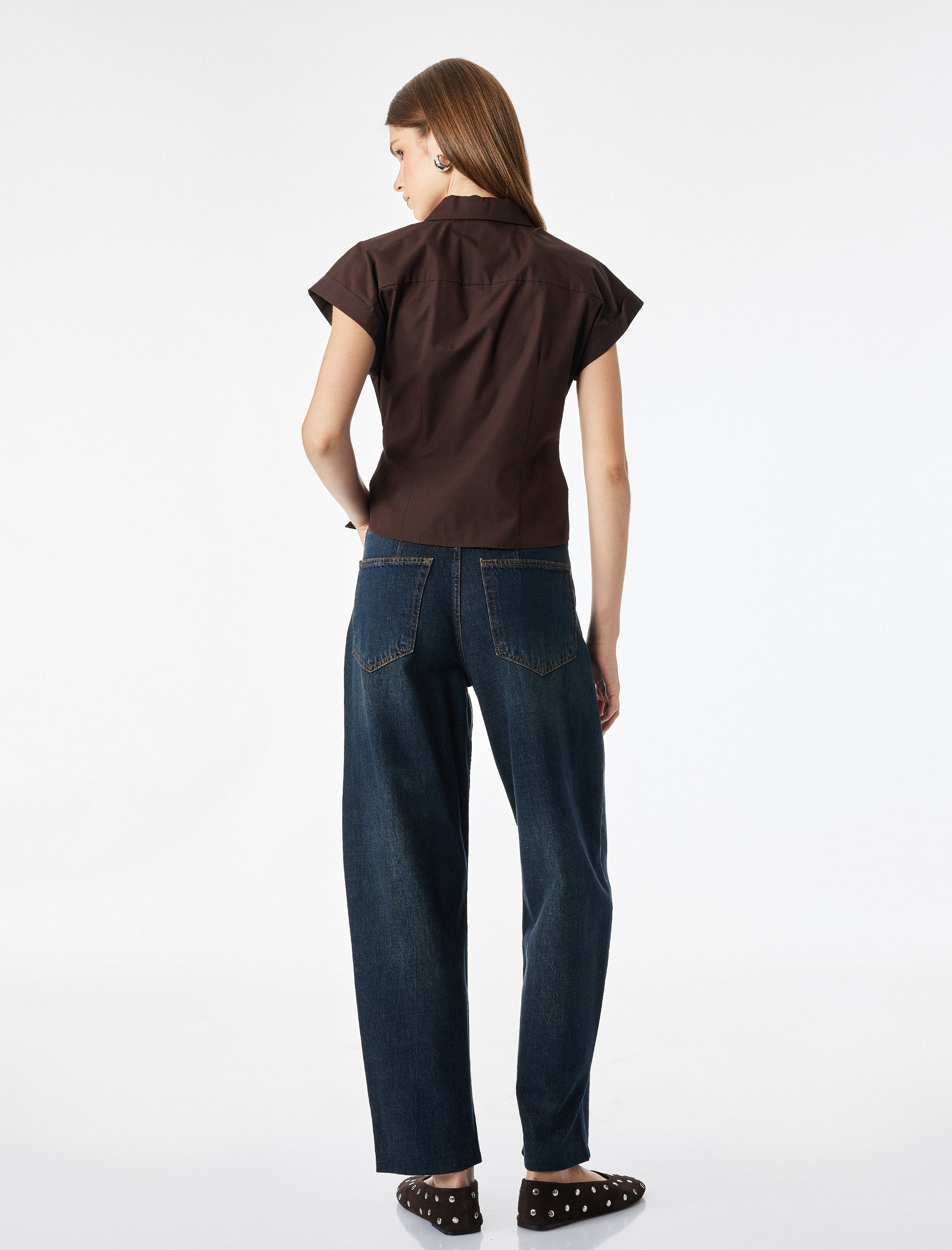   Slim Fit Kısa Kollu Pamuklu Asimetrik Bağlama Detaylı Poplin Gömlek