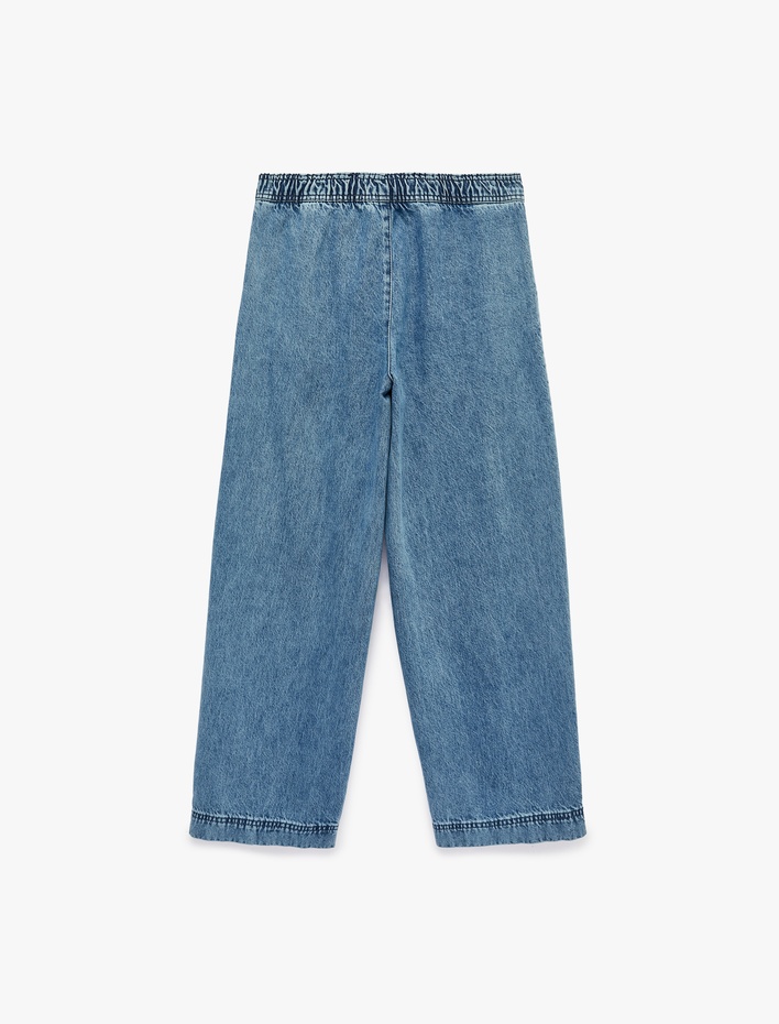  Pamuklu Bol Kalıp Pileli Düğme Detaylı Düşük Bel Denim Pantolon
