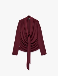 Slim Fit Uzun Kollu Şal Detaylı Drapeli Degaje Yaka Bluz