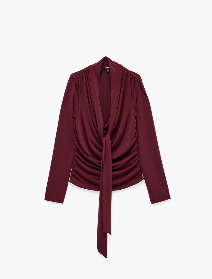  Slim Fit Uzun Kollu Şal Detaylı Drapeli Degaje Yaka Bluz