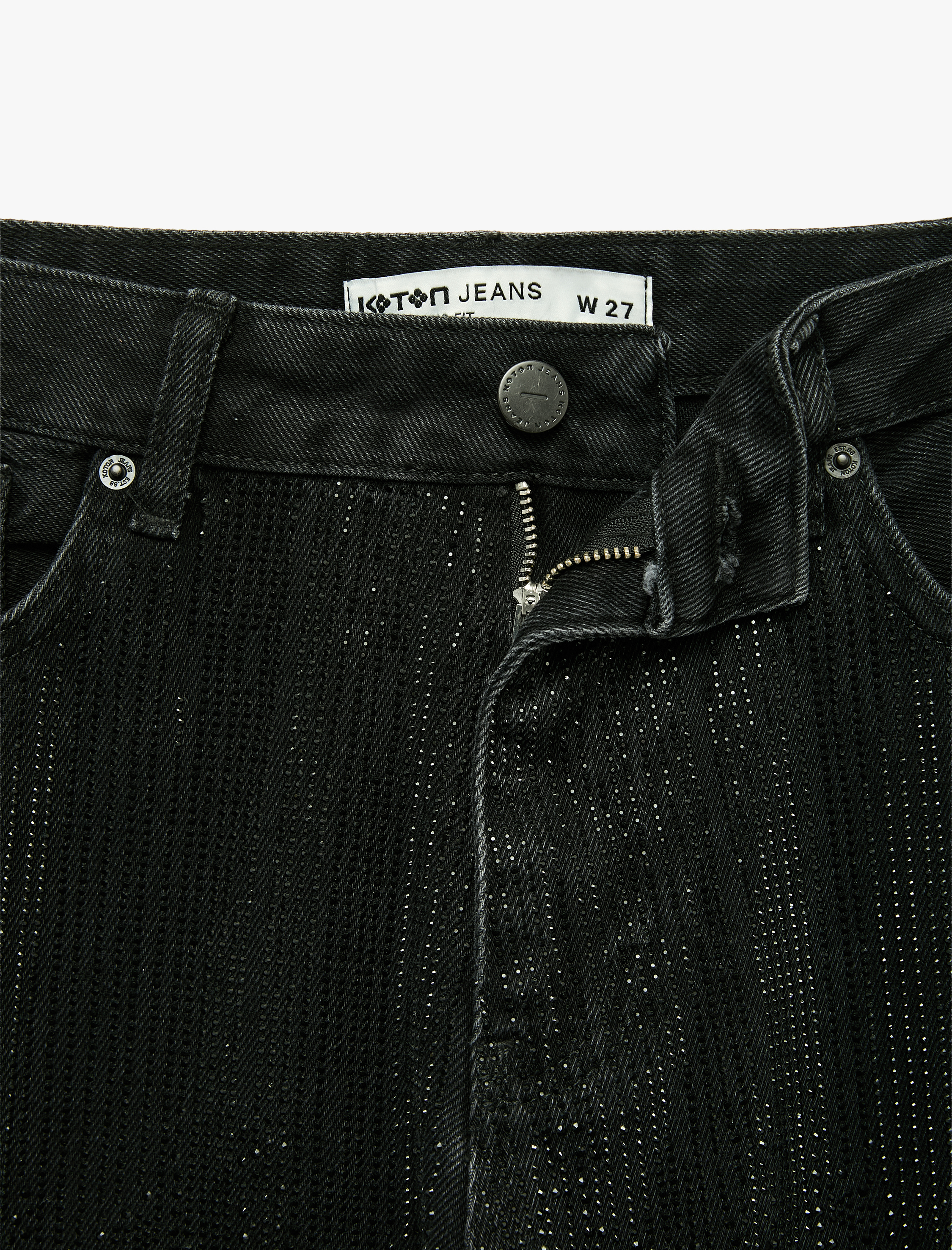   Taş Detaylı Düğmeli Yüksek Bel Düz Paça Denim Pantolon - Straight Fit Jean