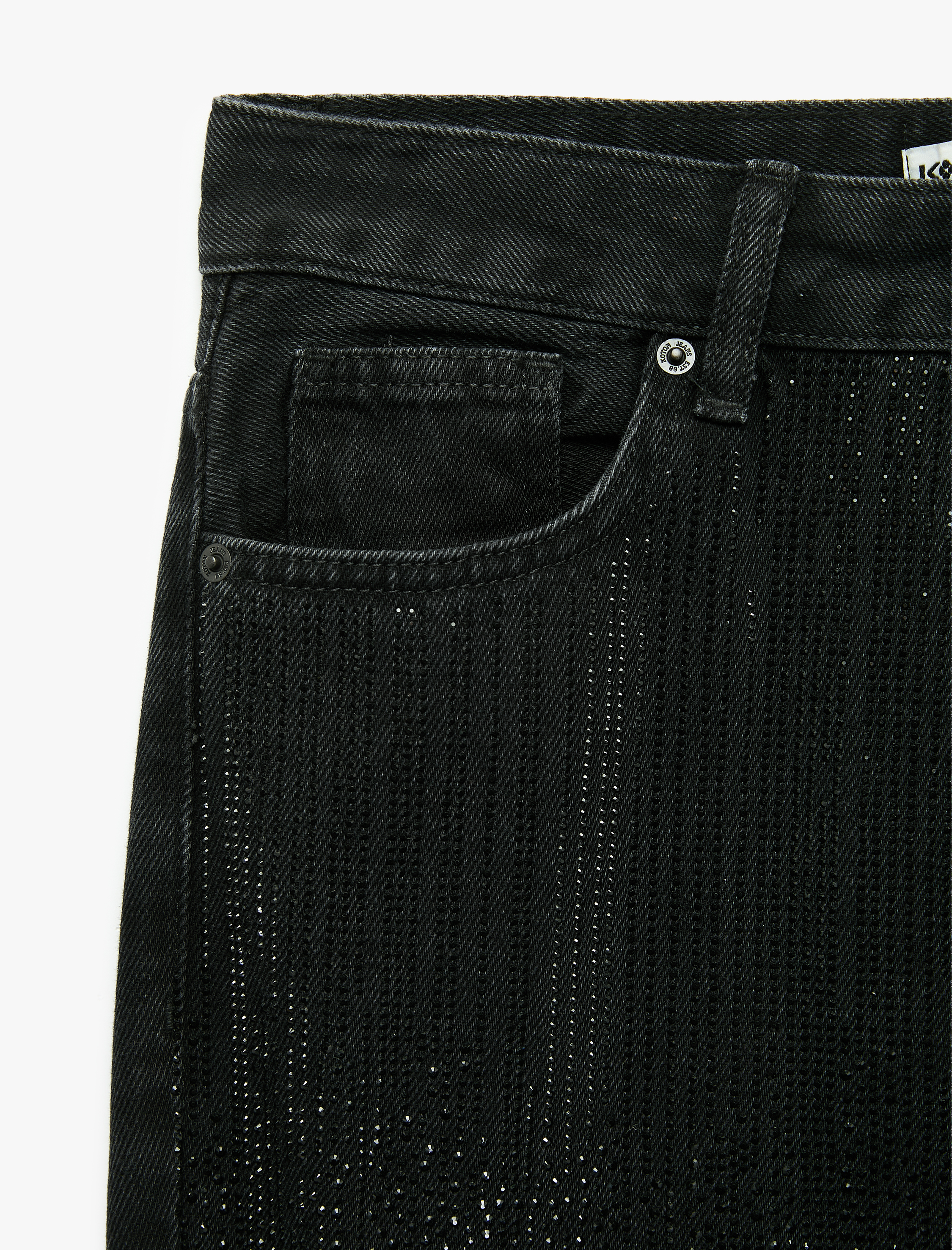   Taş Detaylı Düğmeli Yüksek Bel Düz Paça Denim Pantolon - Straight Fit Jean