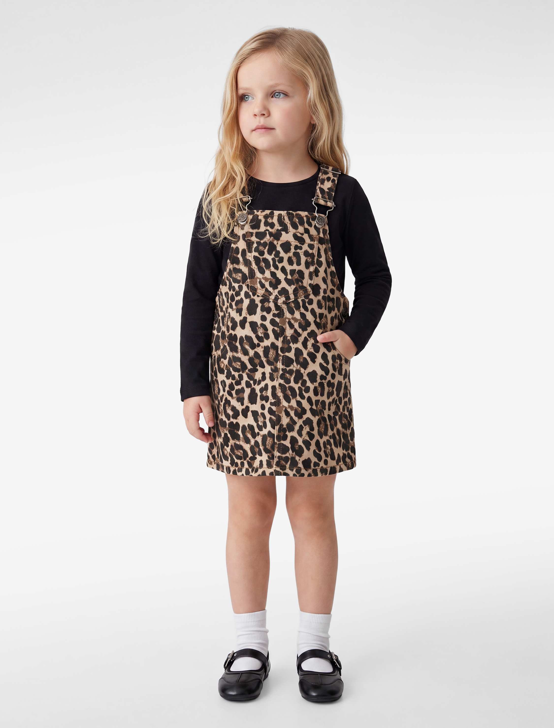  Kız Bebek Leopar Desenli Cepli Kare Yaka Askılı Denim Jile Elbise