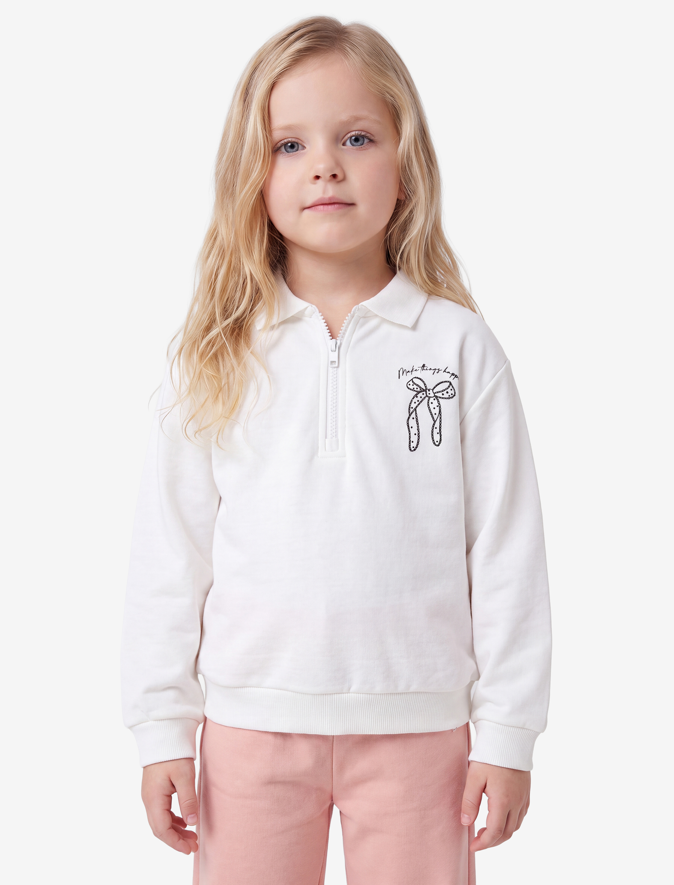  Kız Bebek Pamuklu Uzun Kollu Yarım Fermuarlı Polo Yaka Sweatshirt