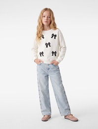 Bisiklet Yaka Fiyonk Detaylı Uzun Kollu Şardonlu Sweatshirt