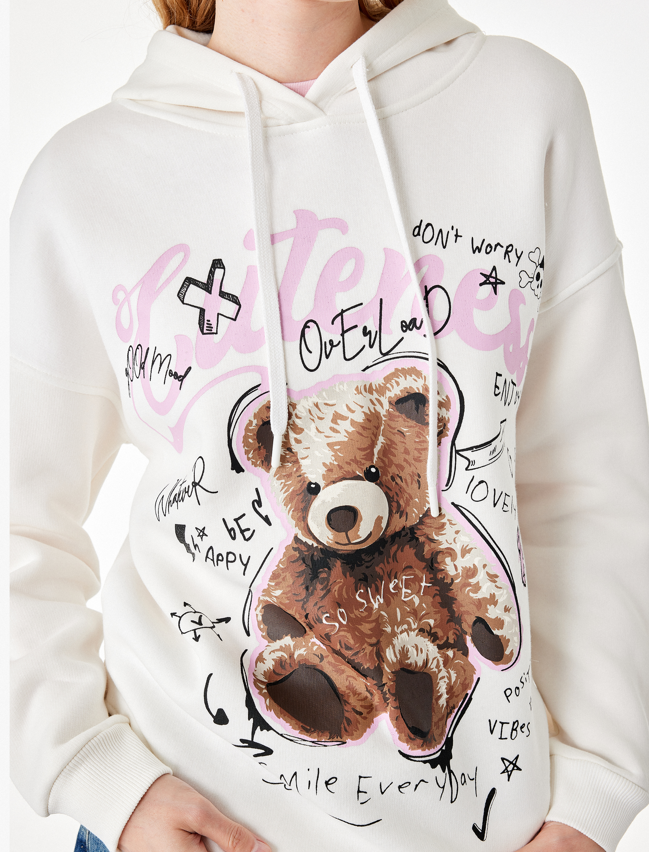   Şardonlu Kapüşonlu Uzun Kollu Ayıcık Baskılı Sweatshirt