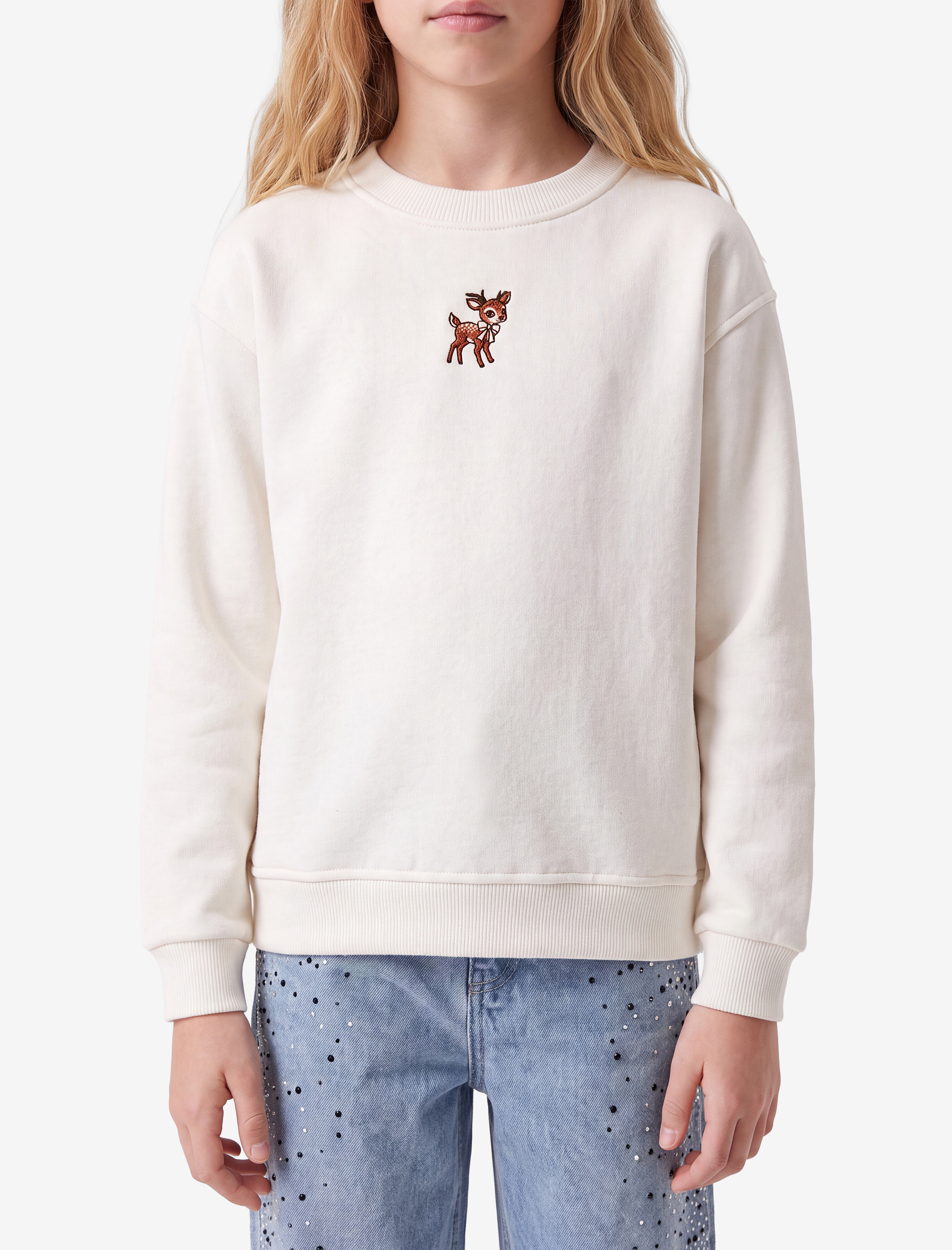  Kız Çocuk Geyik Nakış Detaylı Uzun Kollu Bisiklet Yaka Şardonlu Sweatshirt