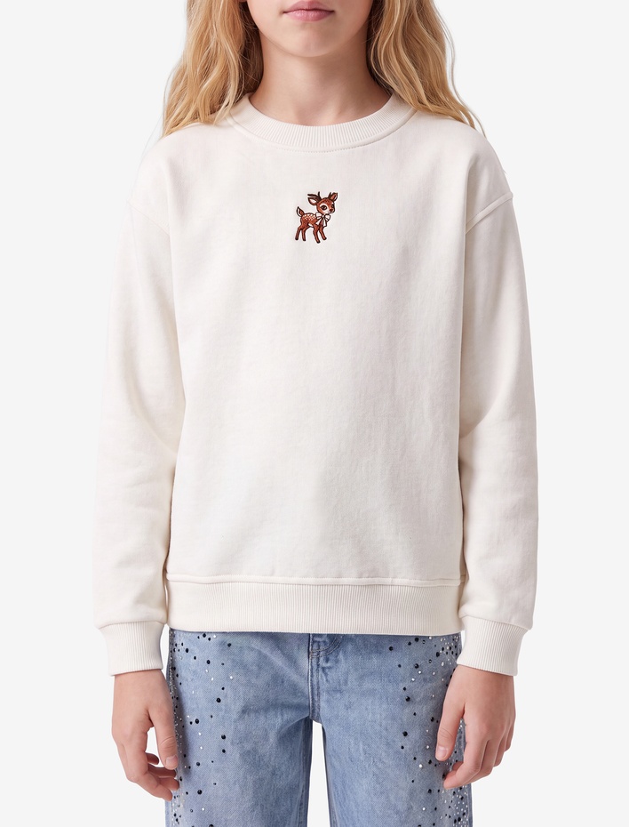 Kız Çocuk Geyik Nakış Detaylı Uzun Kollu Bisiklet Yaka Şardonlu Sweatshirt