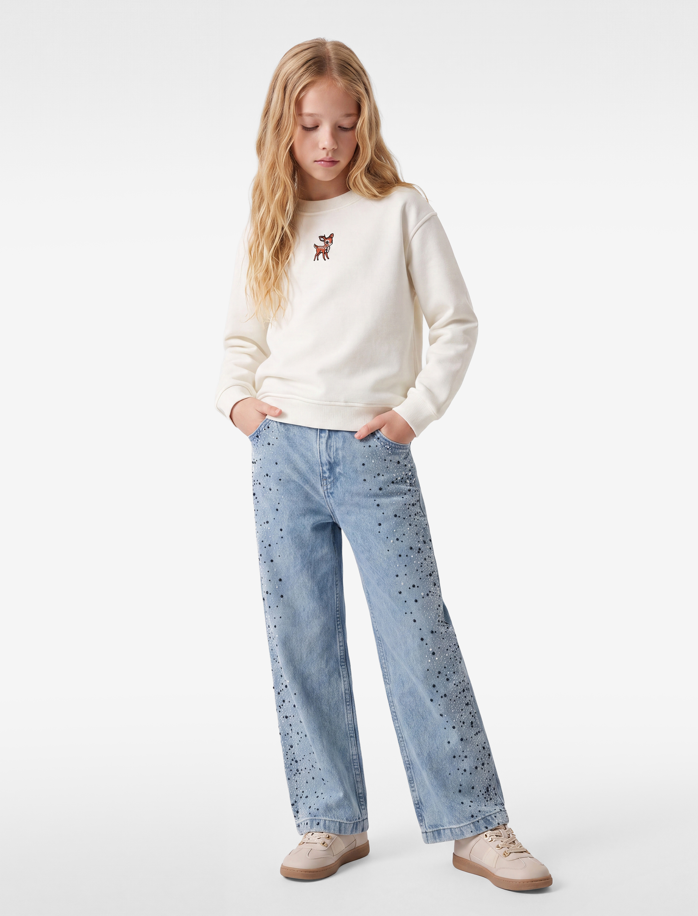  Kız Çocuk Geyik Nakış Detaylı Uzun Kollu Bisiklet Yaka Şardonlu Sweatshirt