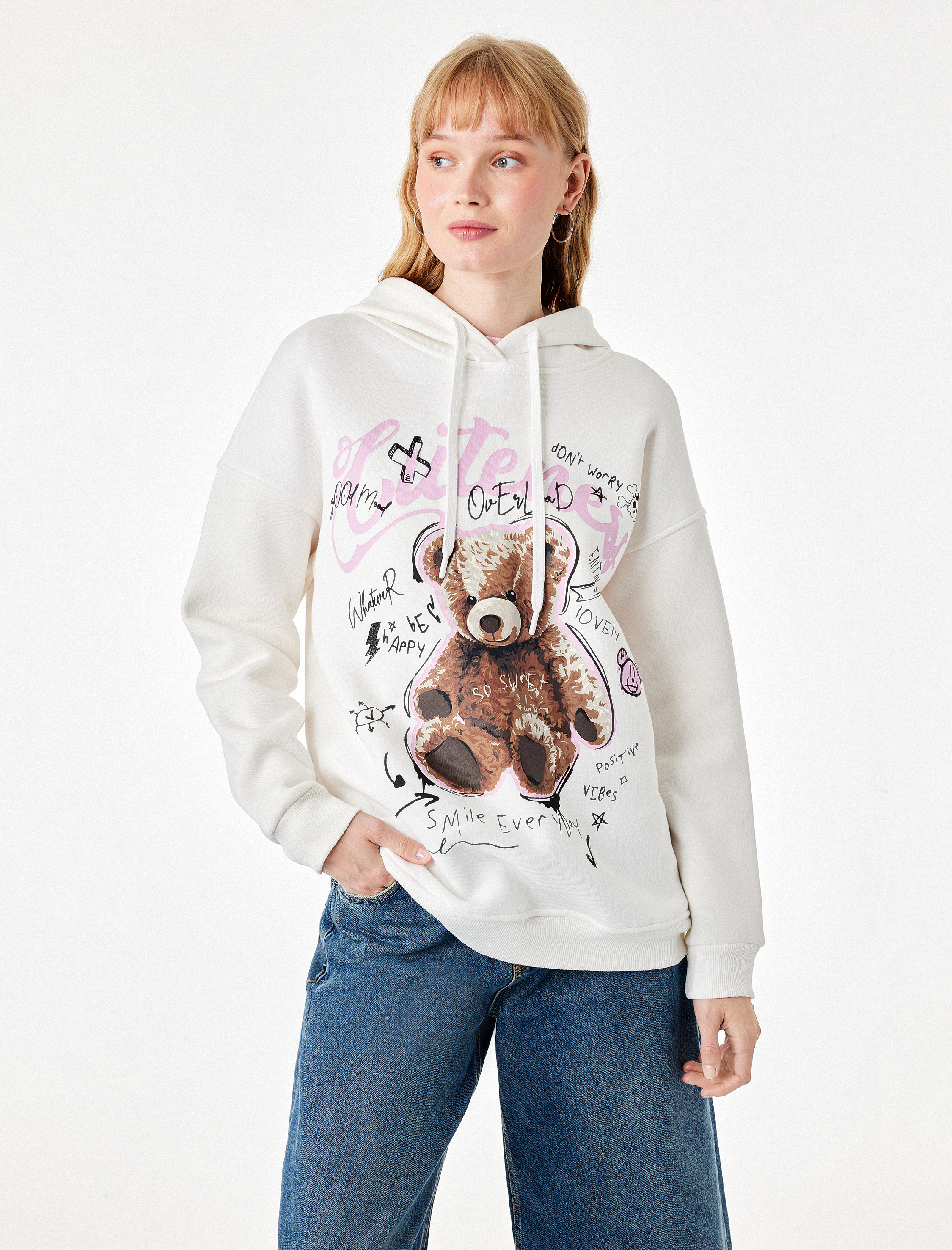   Şardonlu Kapüşonlu Uzun Kollu Ayıcık Baskılı Sweatshirt