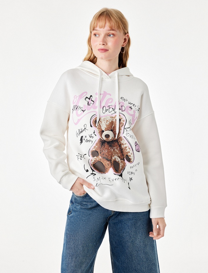  Şardonlu Kapüşonlu Uzun Kollu Ayıcık Baskılı Sweatshirt