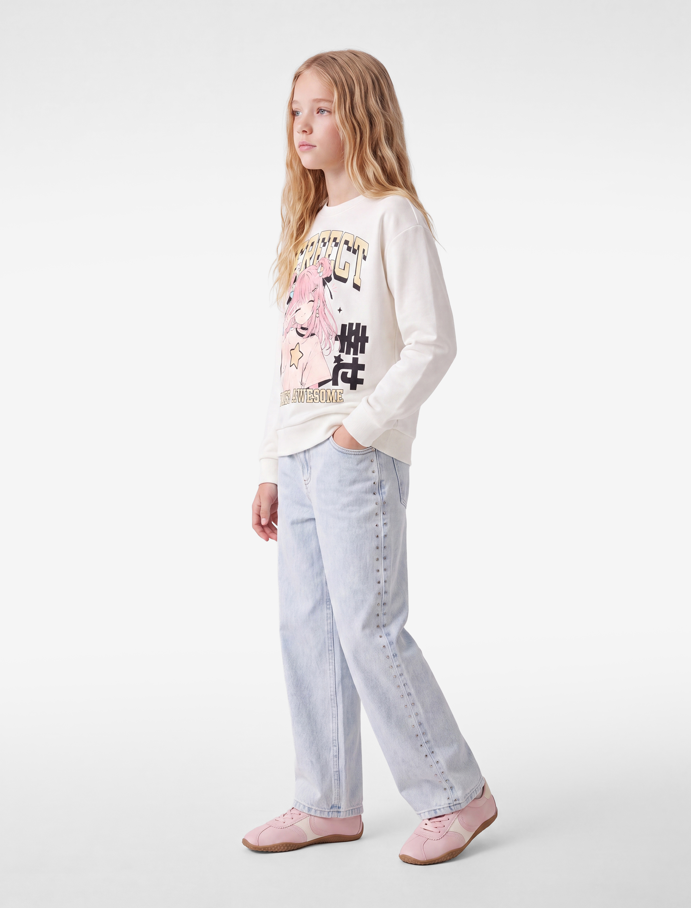  Kız Çocuk Pamuklu Uzun Kollu Bisiklet Yaka Anime Baskılı Sweatshirt