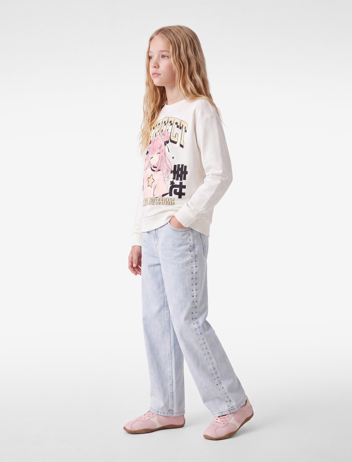 Kız Çocuk Pamuklu Uzun Kollu Bisiklet Yaka Anime Baskılı Sweatshirt