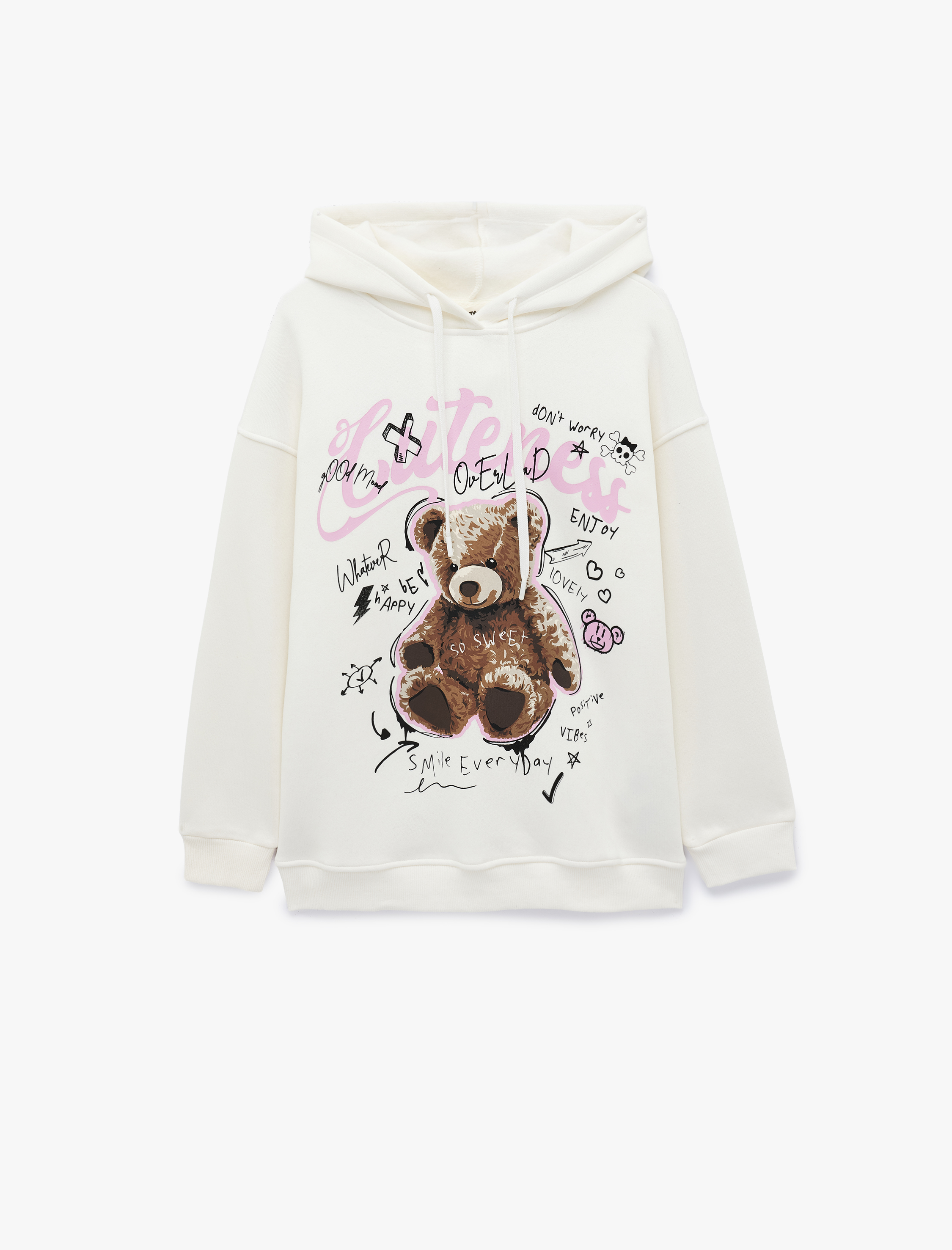   Şardonlu Kapüşonlu Uzun Kollu Ayıcık Baskılı Sweatshirt