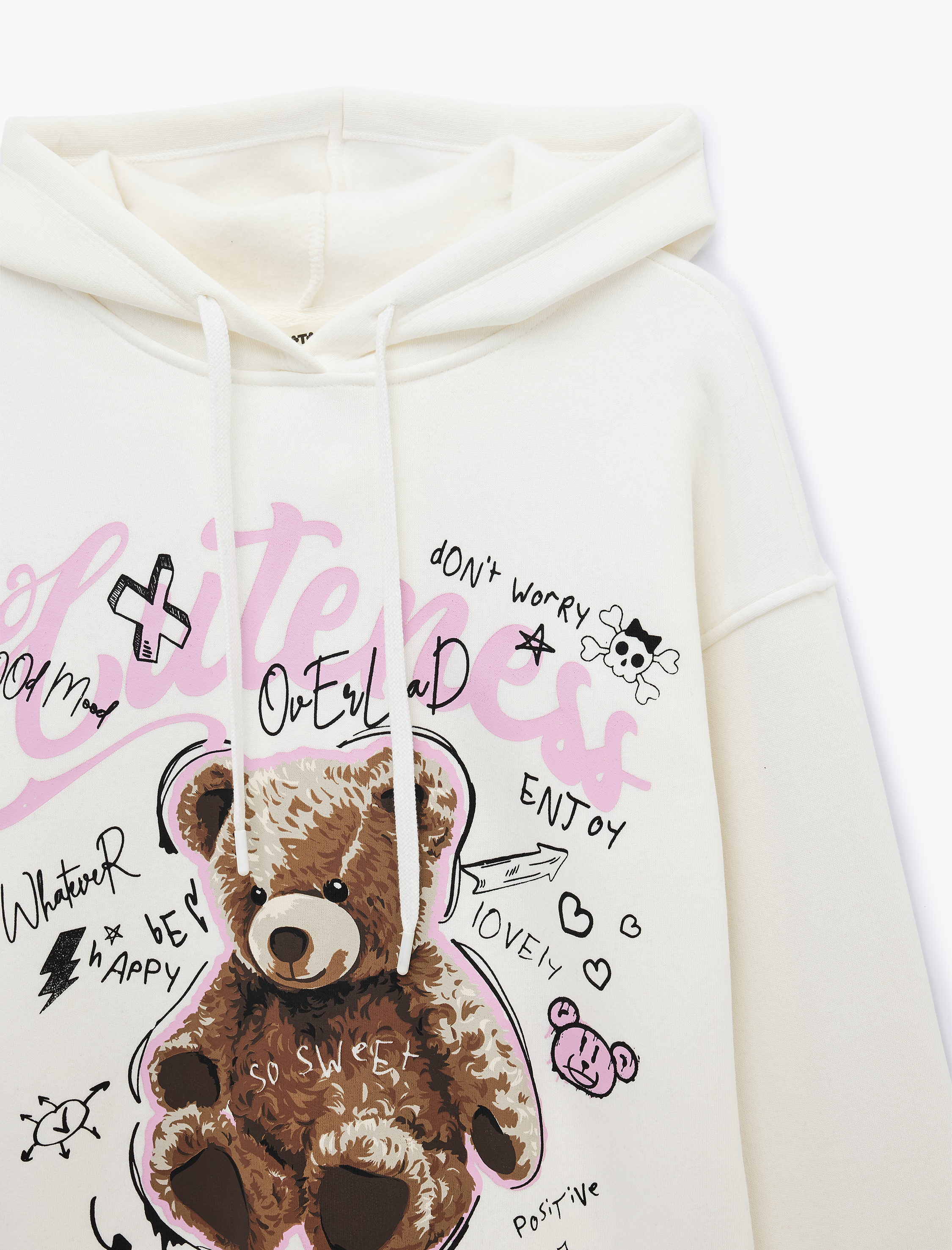   Şardonlu Kapüşonlu Uzun Kollu Ayıcık Baskılı Sweatshirt