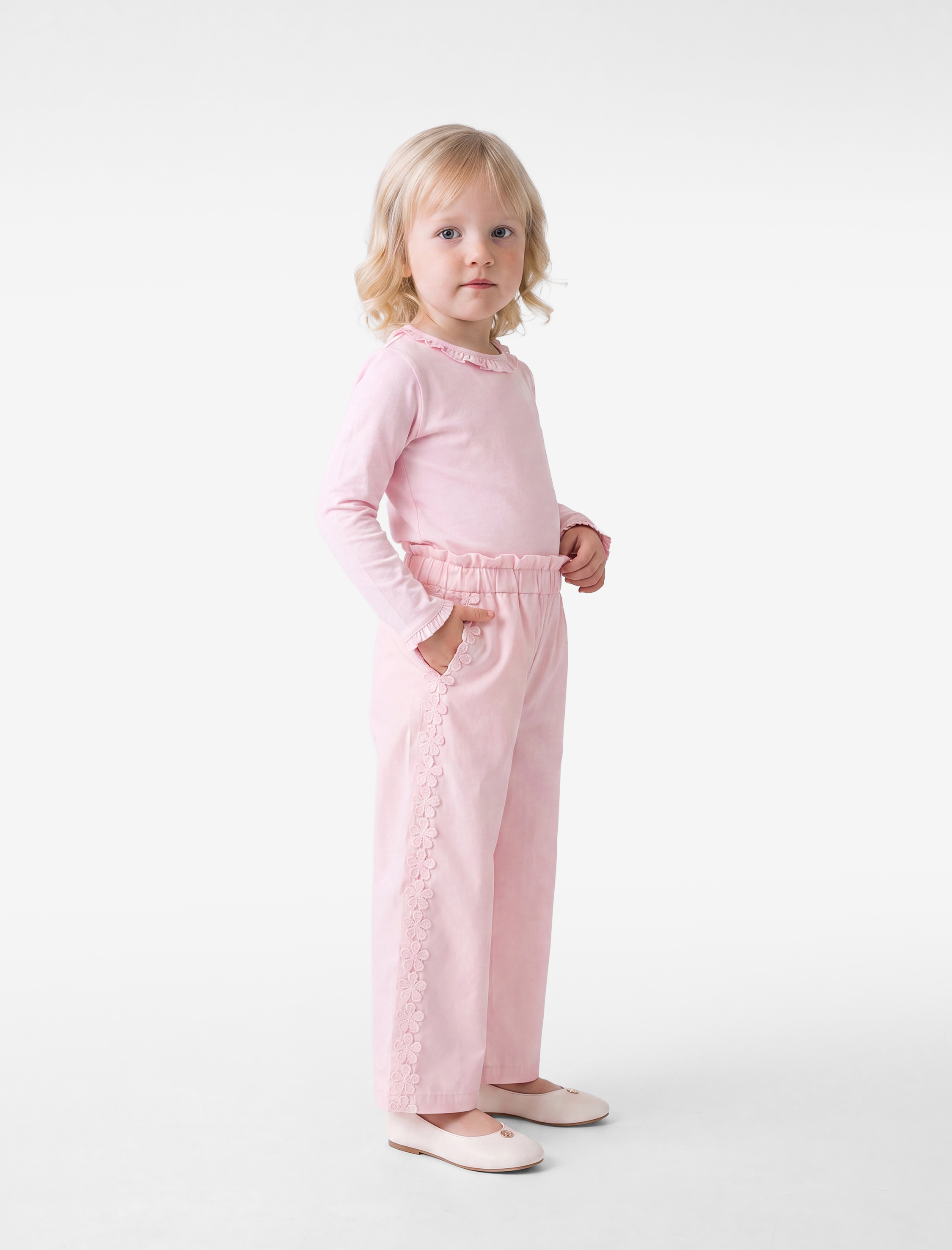  Kız Bebek Çiçekli Dantel Detaylı Poplin Geniş Paça Pantolon