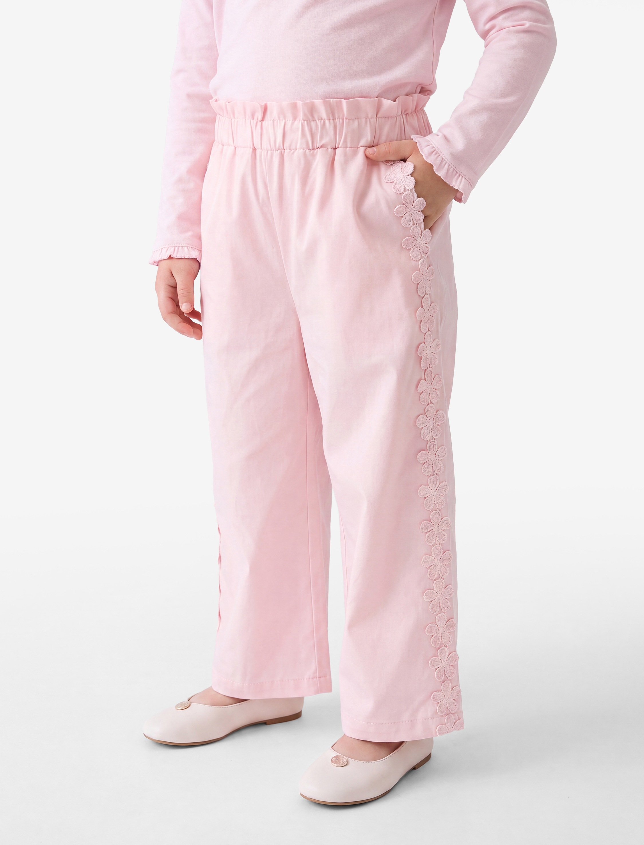  Kız Bebek Çiçekli Dantel Detaylı Poplin Geniş Paça Pantolon