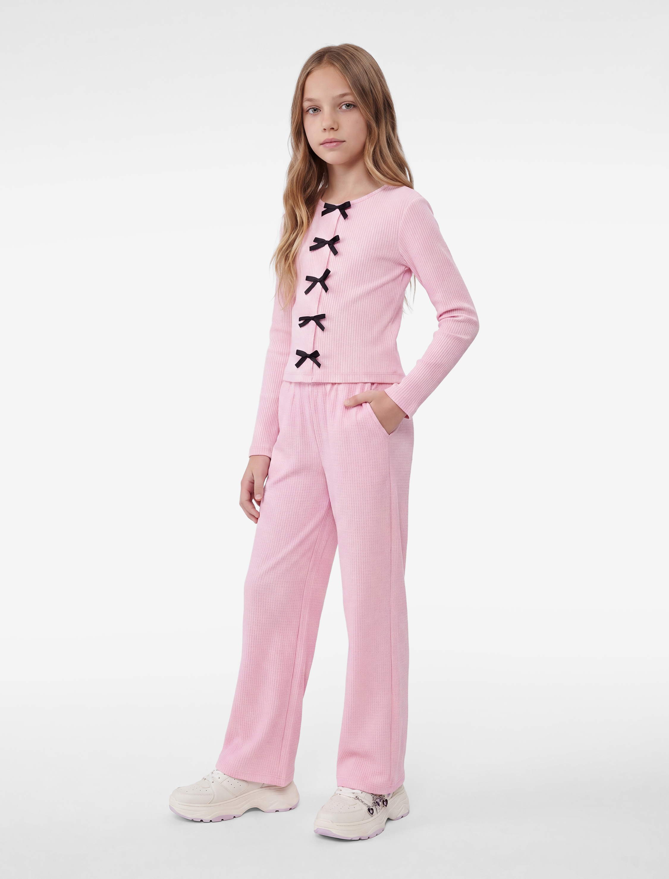  Kız Çocuk Beli Lastikli Bürümcük Kumaş Basic Pantolon
