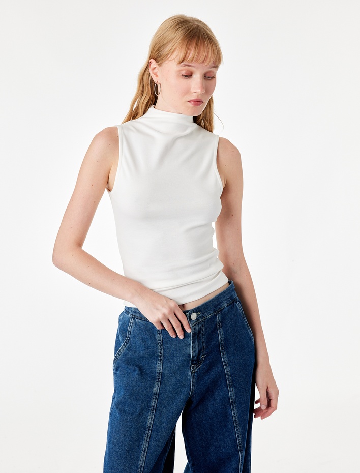  Modal Kumaş Slim Fit Kolsuz Dik Yaka Bluz
