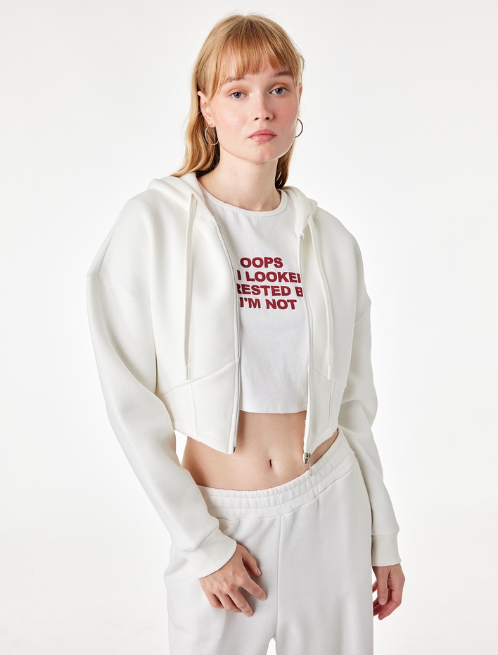  Şardonlu Uzun Kollu Kapüşonlu Korse Detaylı Fermuarlı Crop Sweatshirt