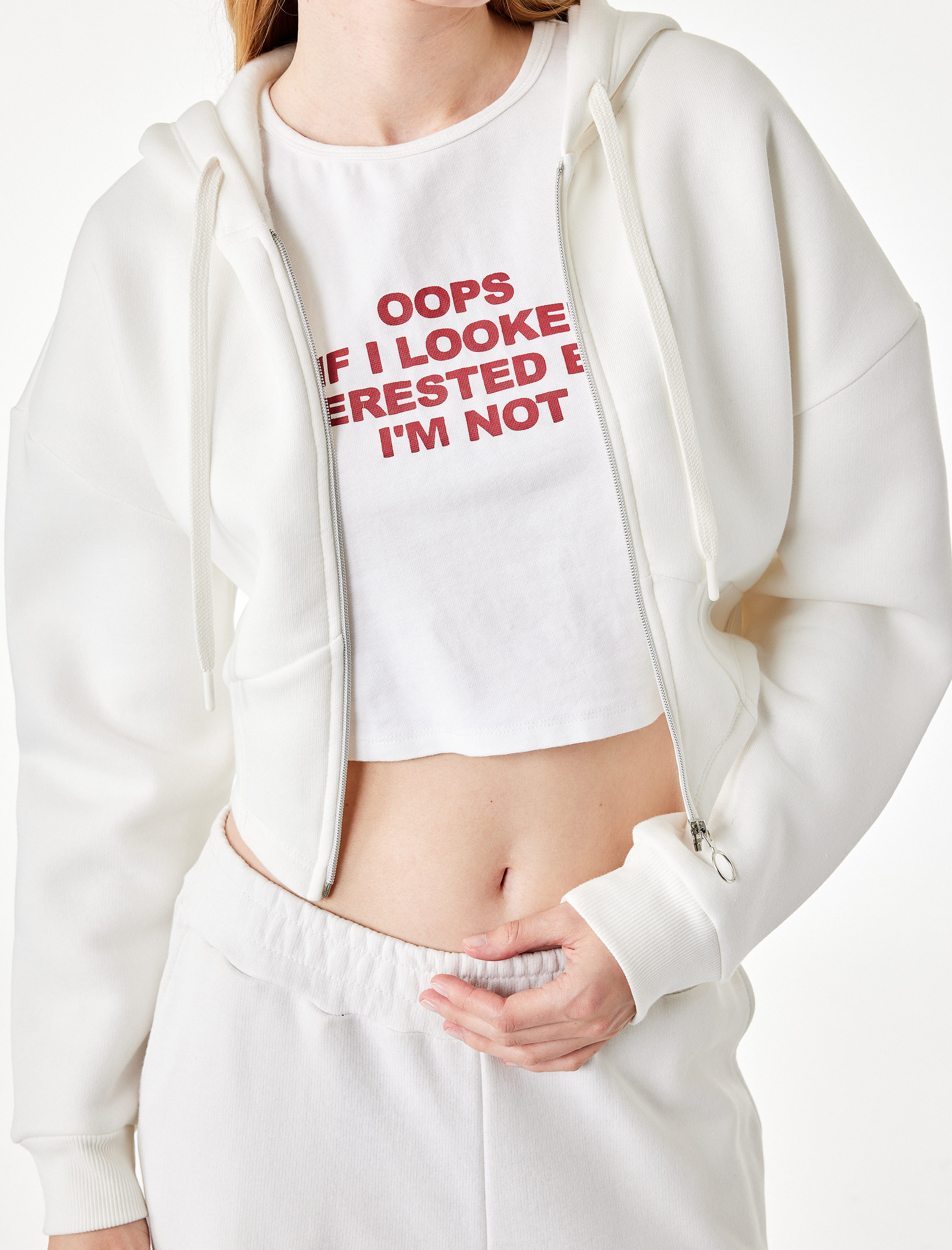   Şardonlu Uzun Kollu Kapüşonlu Korse Detaylı Fermuarlı Crop Sweatshirt