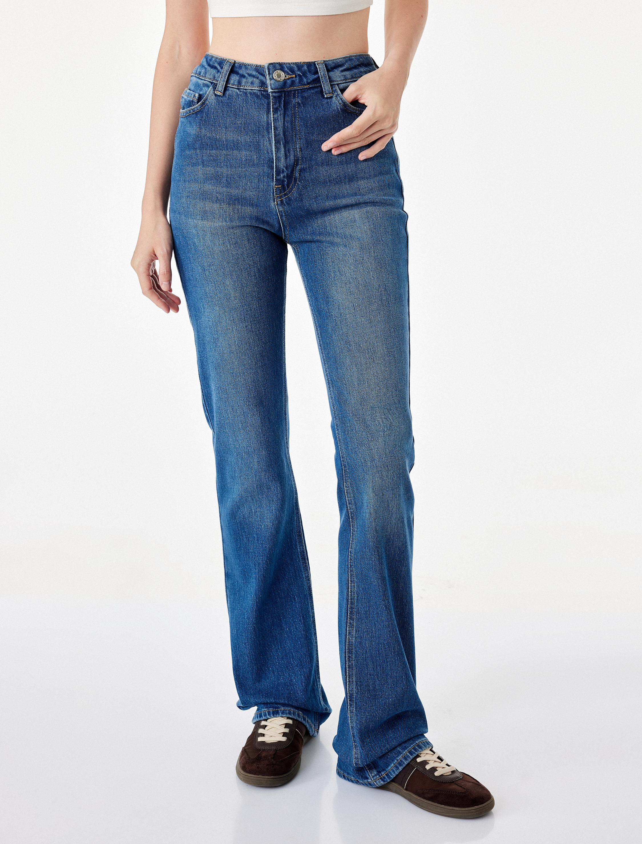   Pamuklu Yüksek Bel Düğmeli İspanyol Paça Denim Pantolon - Flare Jeans