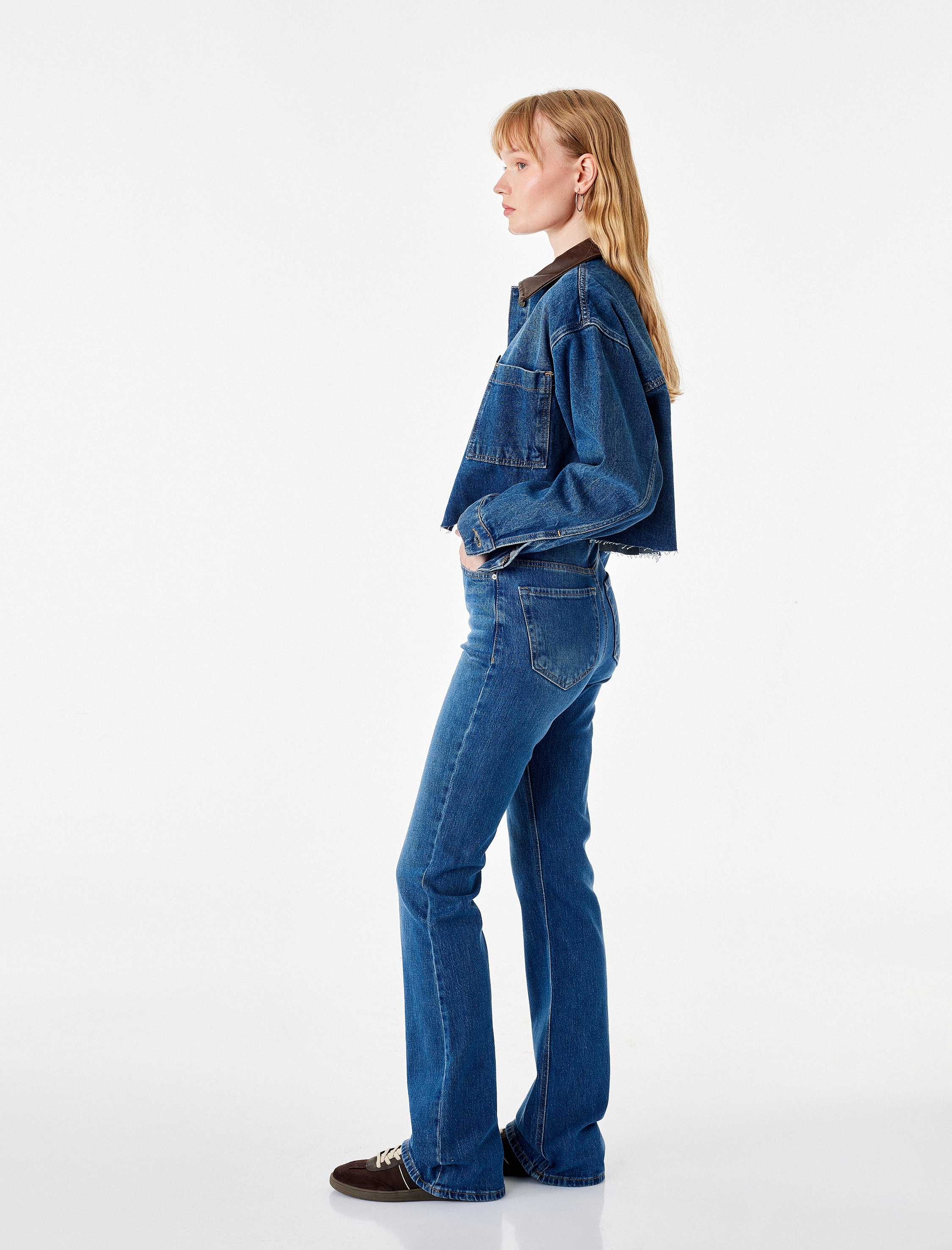   Pamuklu Yüksek Bel Düğmeli İspanyol Paça Denim Pantolon - Flare Jeans