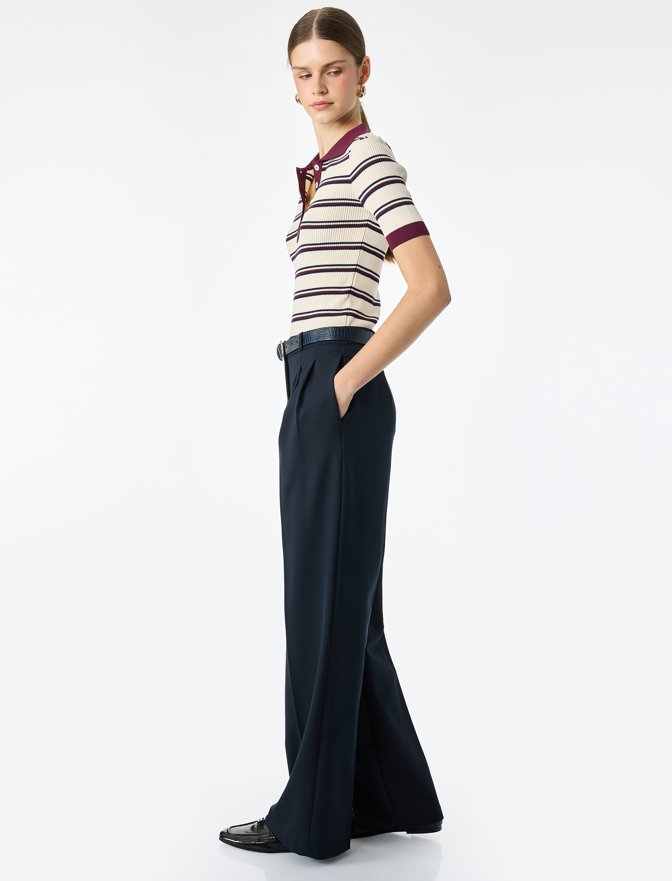   Regular Fit Polo Yaka Çizgili Kısa Kollu Triko Kazak