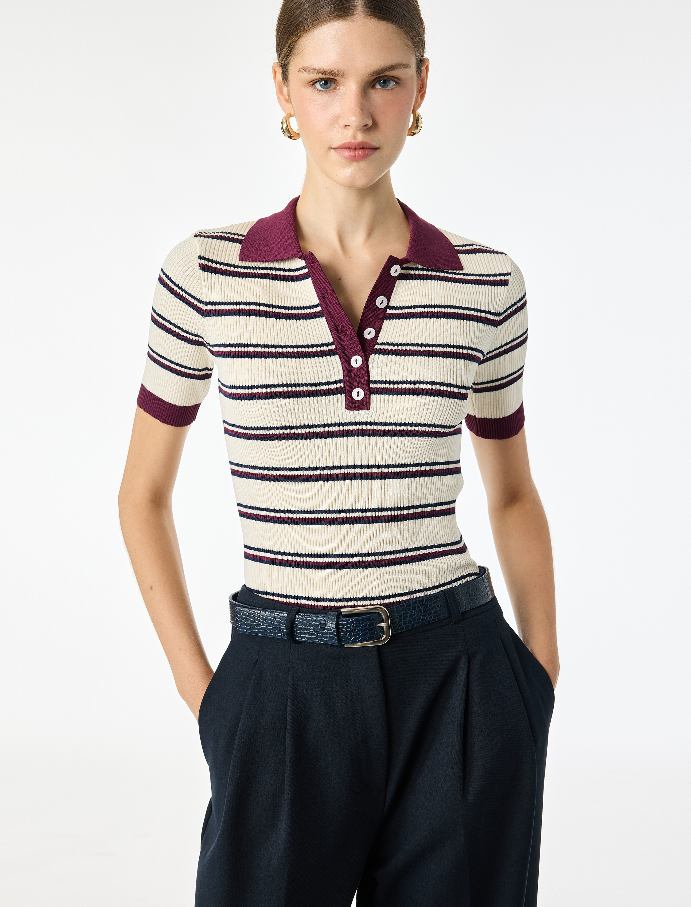   Regular Fit Polo Yaka Çizgili Kısa Kollu Triko Kazak