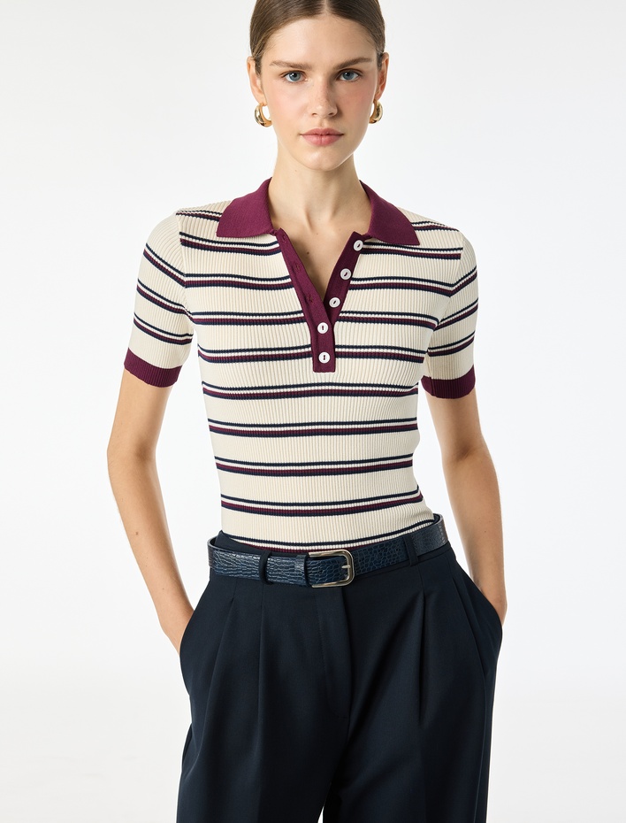  Regular Fit Polo Yaka Çizgili Kısa Kollu Triko Kazak