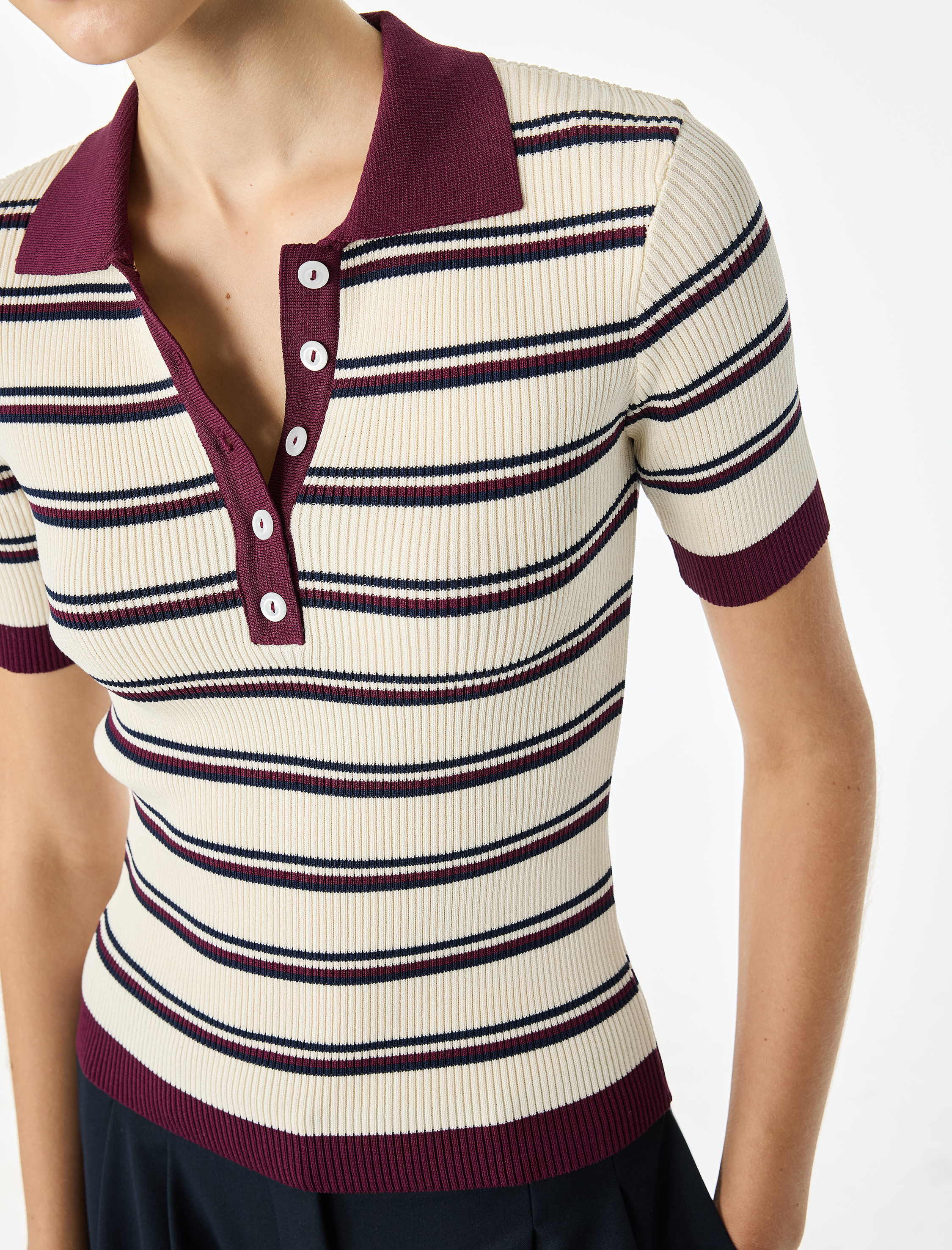  Regular Fit Polo Yaka Çizgili Kısa Kollu Triko Kazak