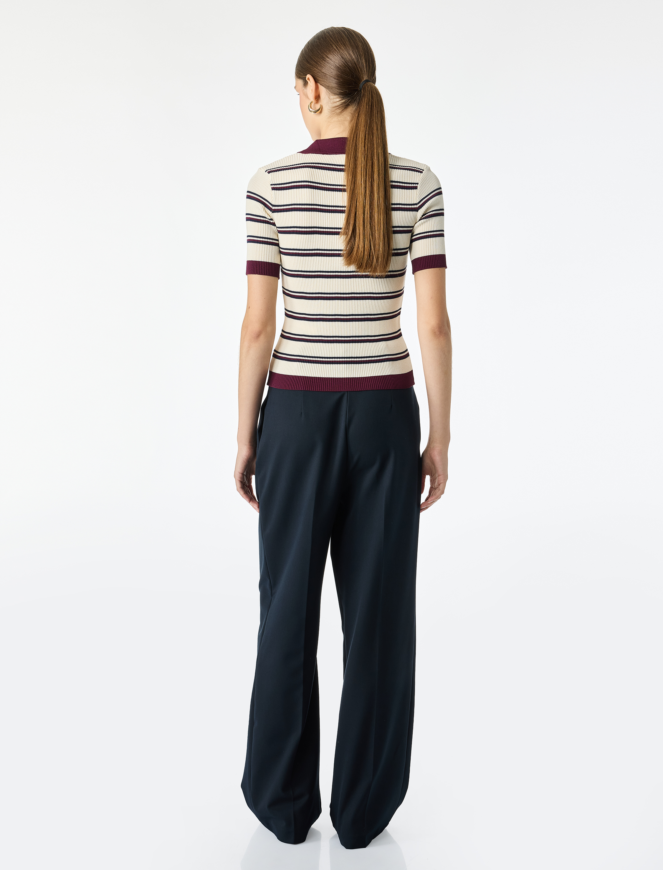   Regular Fit Polo Yaka Çizgili Kısa Kollu Triko Kazak
