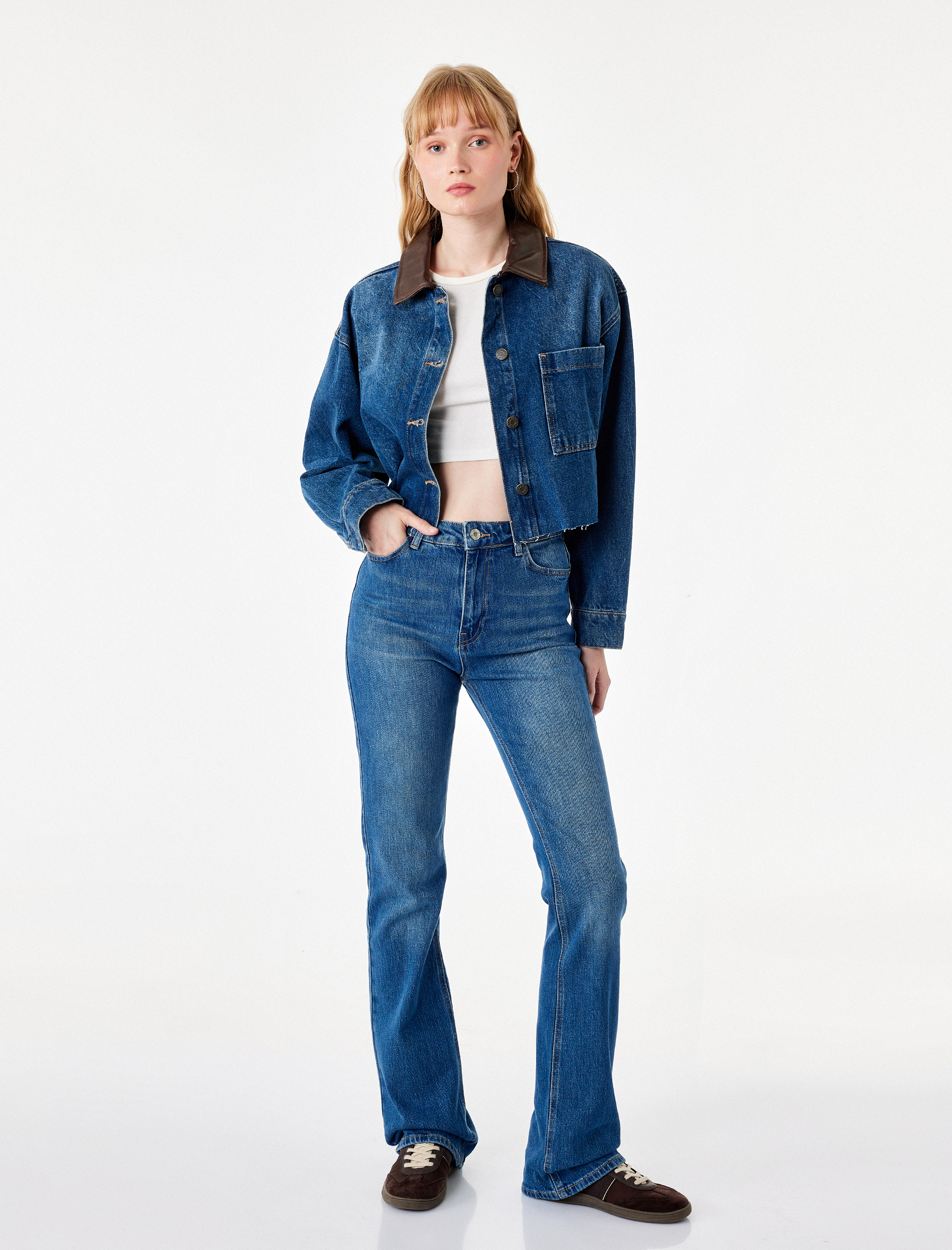  Pamuklu Yüksek Bel Düğmeli İspanyol Paça Denim Pantolon - Flare Jeans