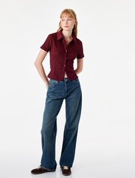 Regular Fit Kısa Kollu Düğmeli Bürümcük Kumaş Polo Yaka Bluz