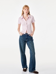 Regular Fit Kısa Kollu Düğmeli Bürümcük Kumaş Polo Yaka Bluz