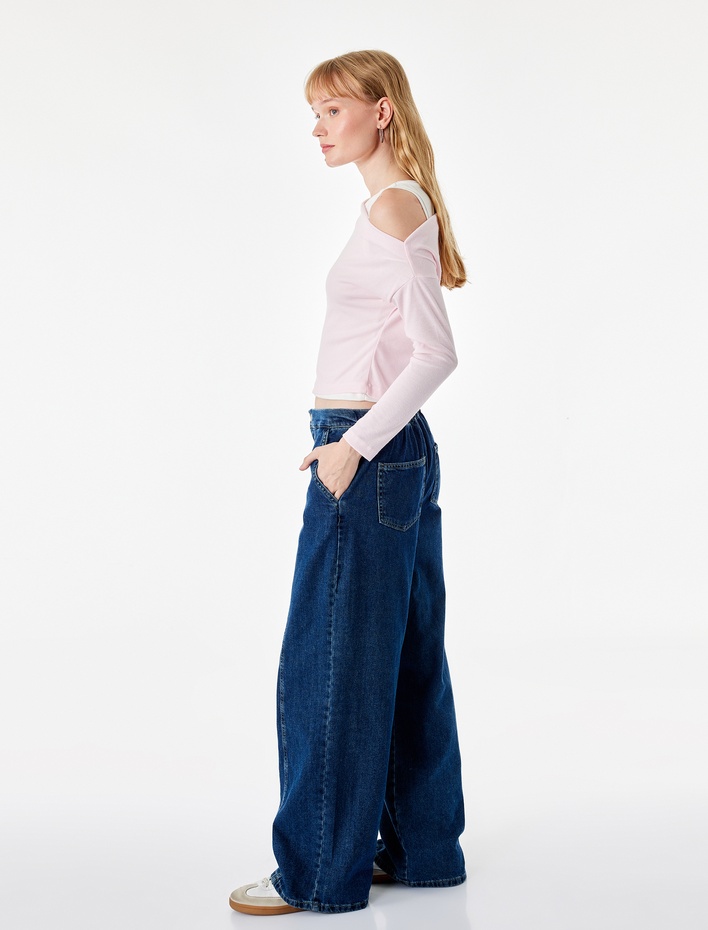  Slim Fit Viskon Karışımlı Asimetrik Yaka Uzun Kollu Katmanlı Tişört