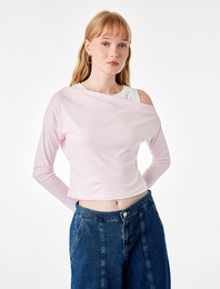 Slim Fit Viskon Karışımlı Asimetrik Yaka Uzun Kollu Katmanlı Tişört