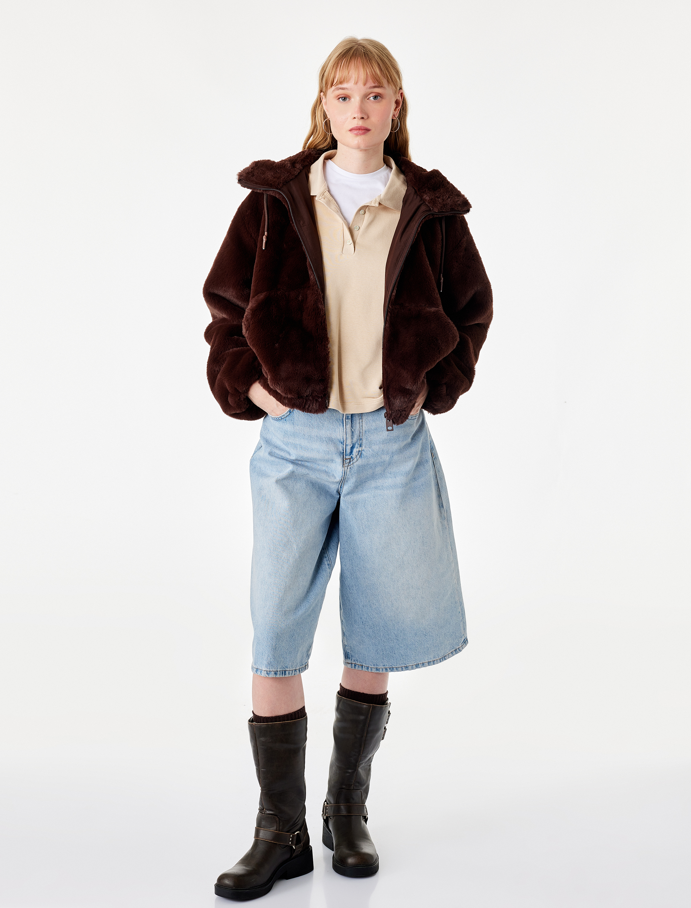   Fermuarlı Cepli Kapüşonlu Crop Peluş Ceket