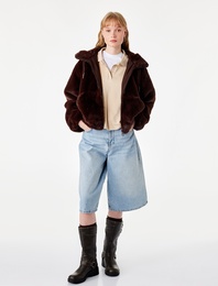 Fermuarlı Cepli Kapüşonlu Crop Peluş Ceket
