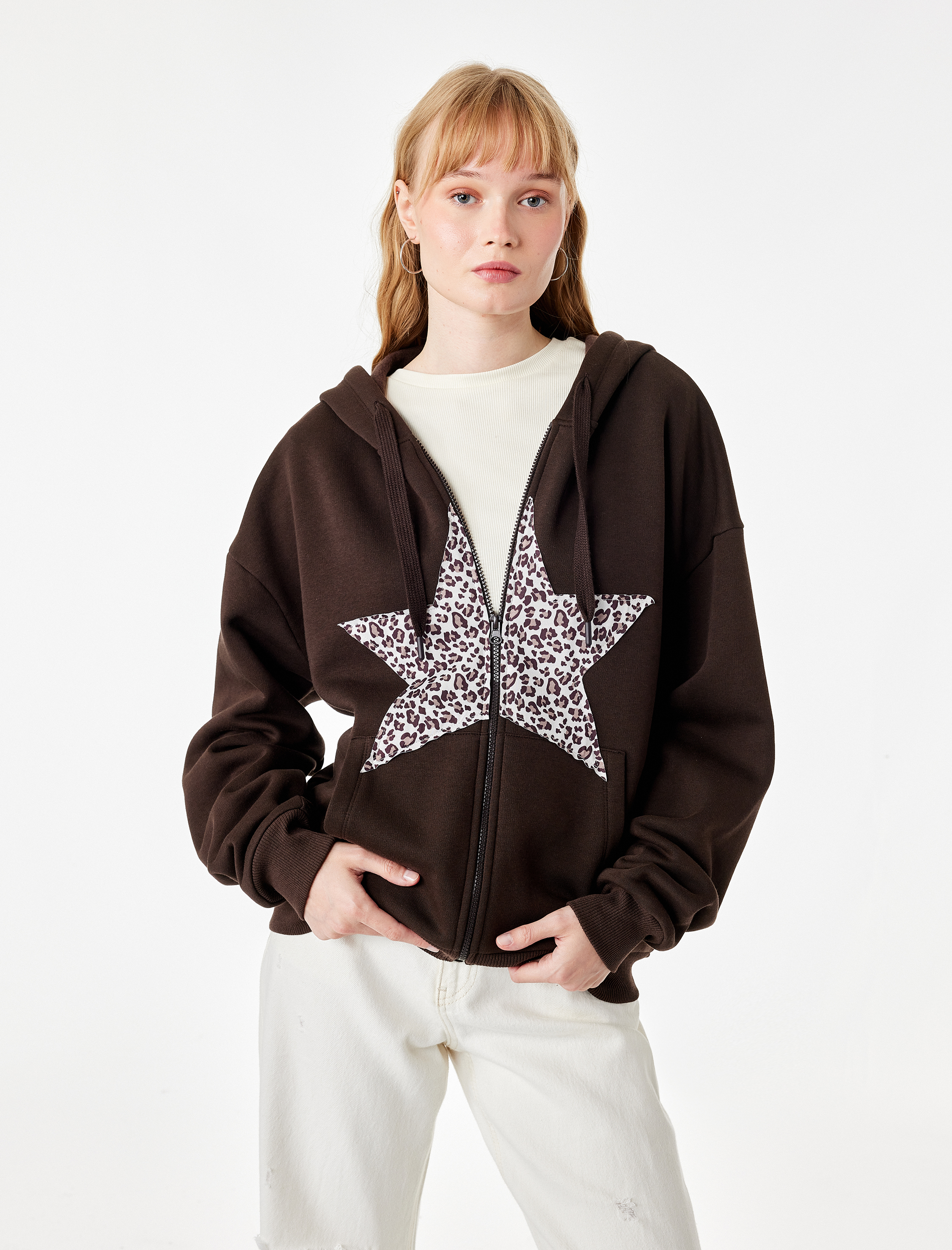   Cep Detaylı Şardonlu Leopar İşlemeli Kapüşonlu Fermuarlı Sweatshirt