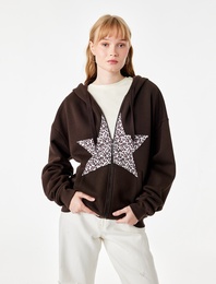 Cep Detaylı Şardonlu Leopar İşlemeli Kapüşonlu Fermuarlı Sweatshirt