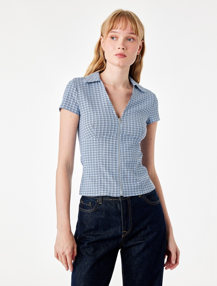  Fermuar Detaylı V Yaka Kısa Kollu Slim Fit Kareli Gömlek